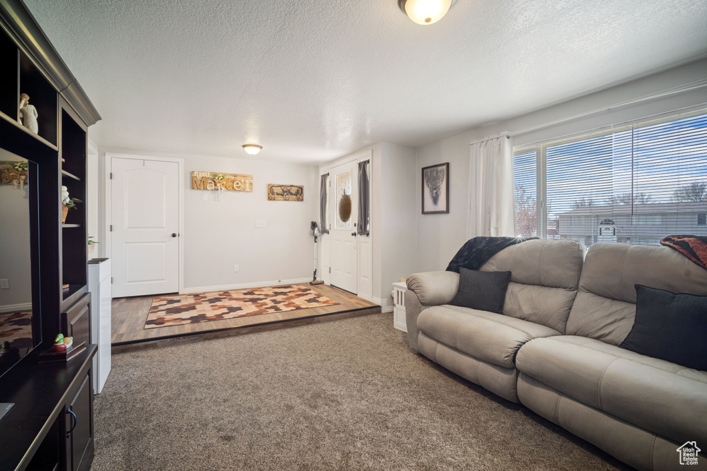 Carpeted living room featuring a textured ceiling and baseboards