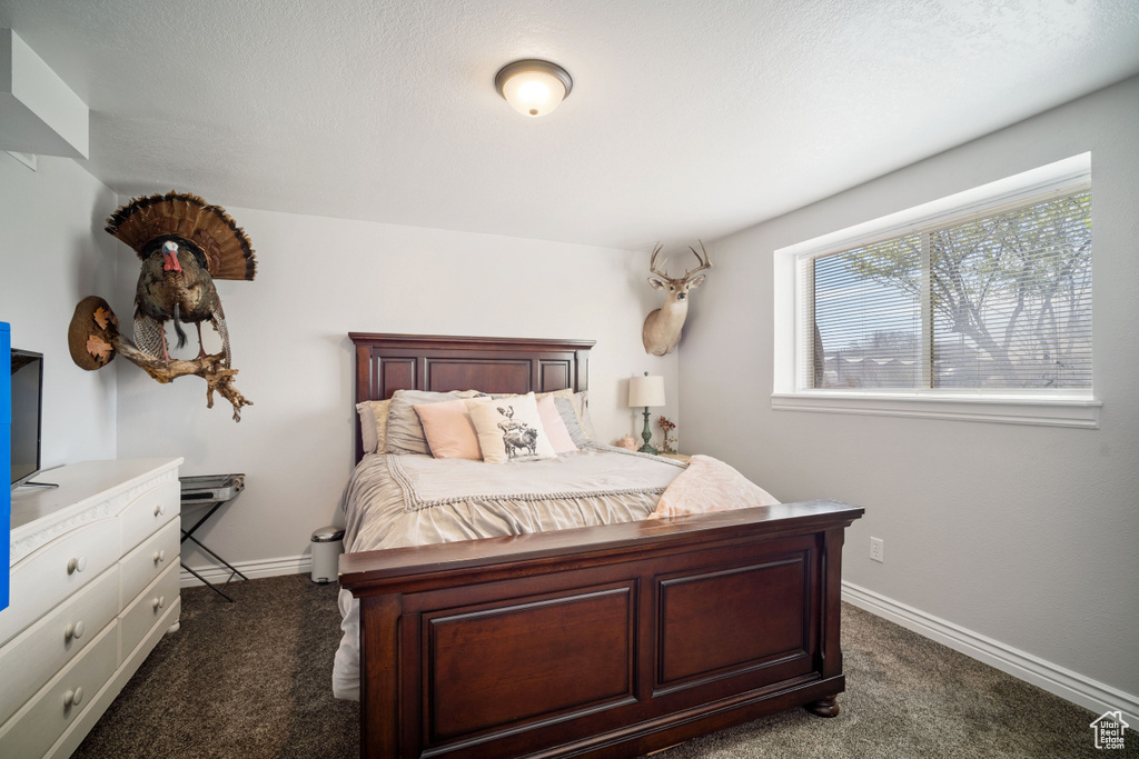 Bedroom with dark carpet and baseboards