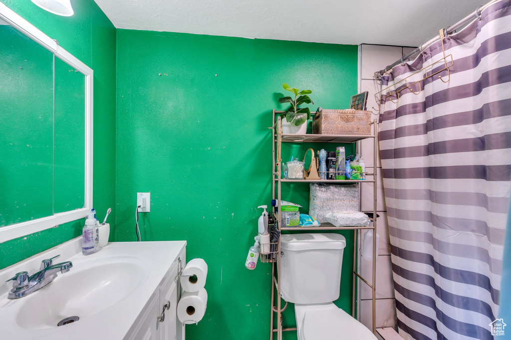 Full bathroom with toilet, curtained shower, and vanity