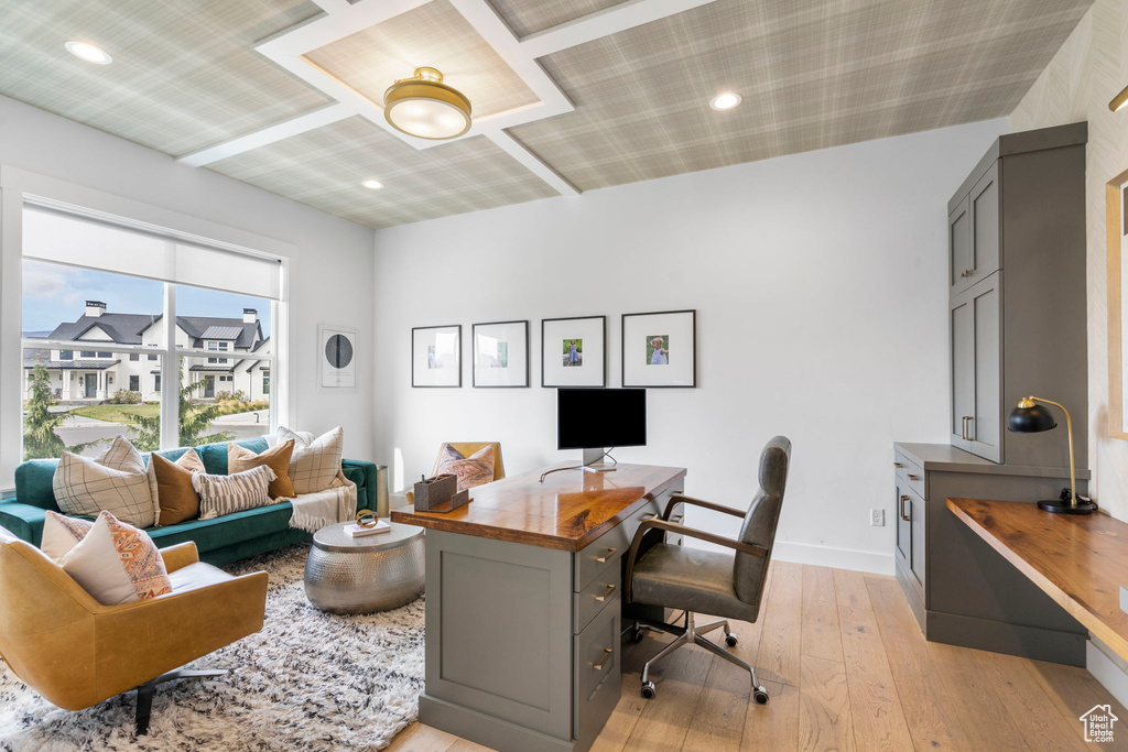 Office with baseboards, recessed lighting, and light wood-style floors
