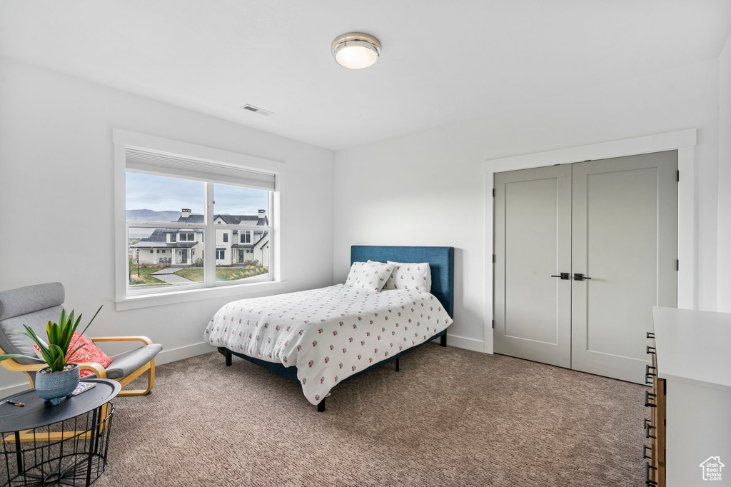 Carpeted bedroom with baseboards, visible vents, and a closet