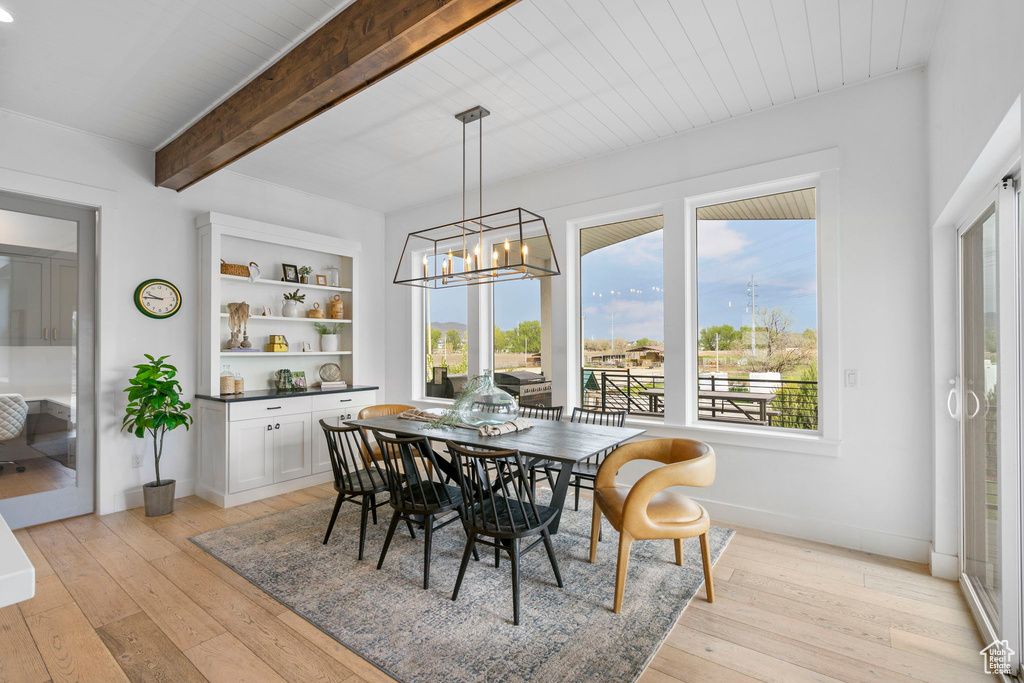 Dining space featuring beam ceiling, light wood-style floors, and plenty of natural light