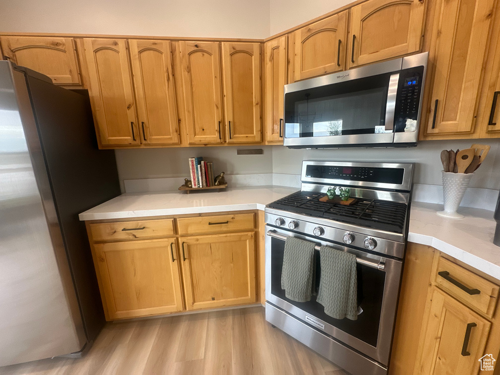 Kitchen featuring light wood-type flooring, stainless steel appliances, and light countertops
