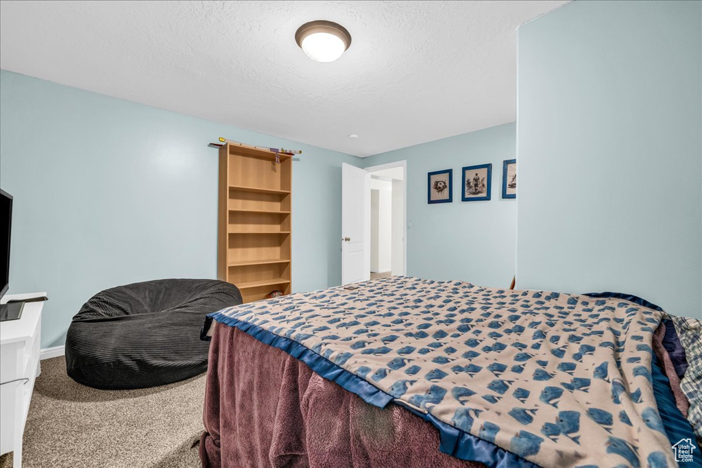 Bedroom with carpet floors and a textured ceiling