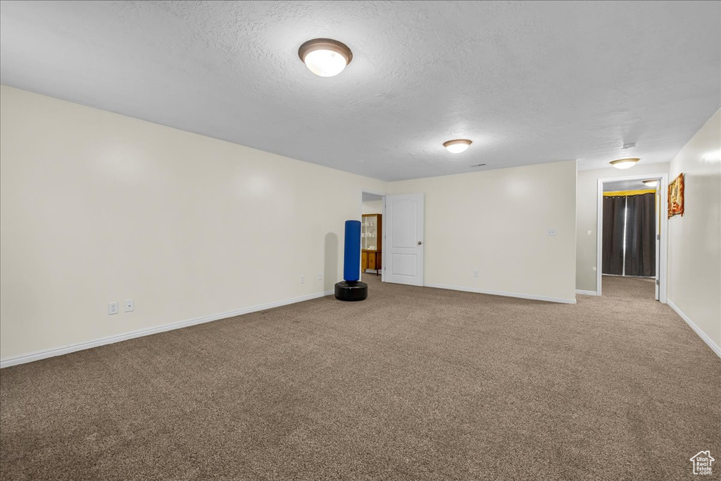 Empty room with a textured ceiling, carpet, and baseboards