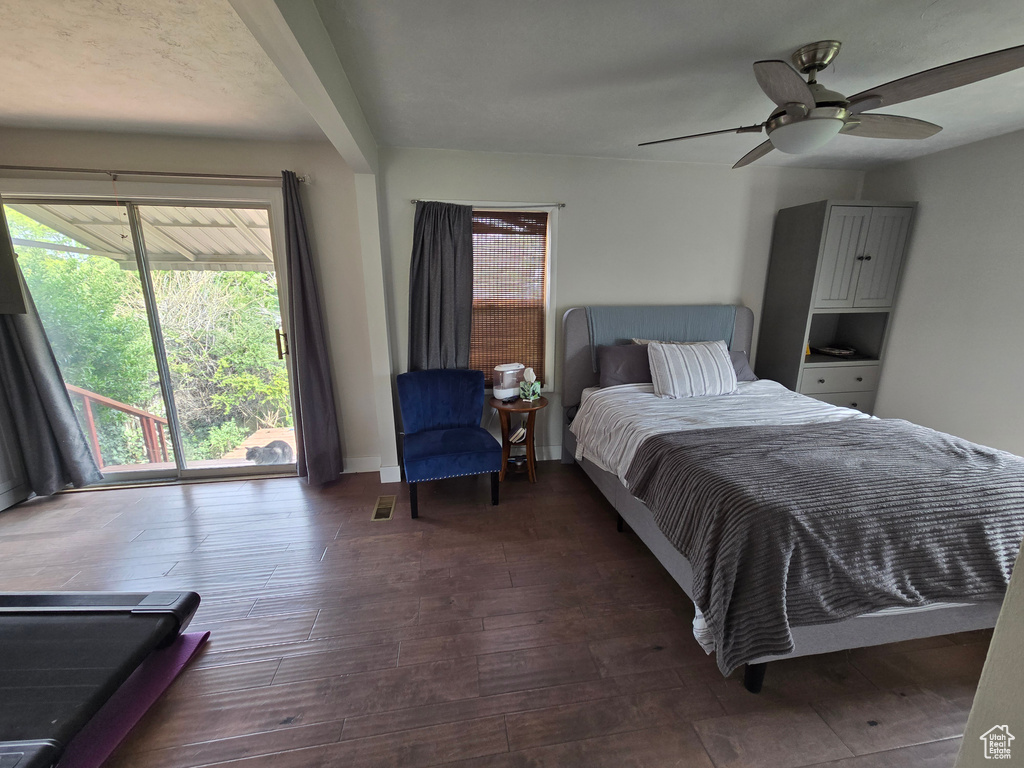 Bedroom featuring hardwood / wood-style flooring, ceiling fan, and multiple windows