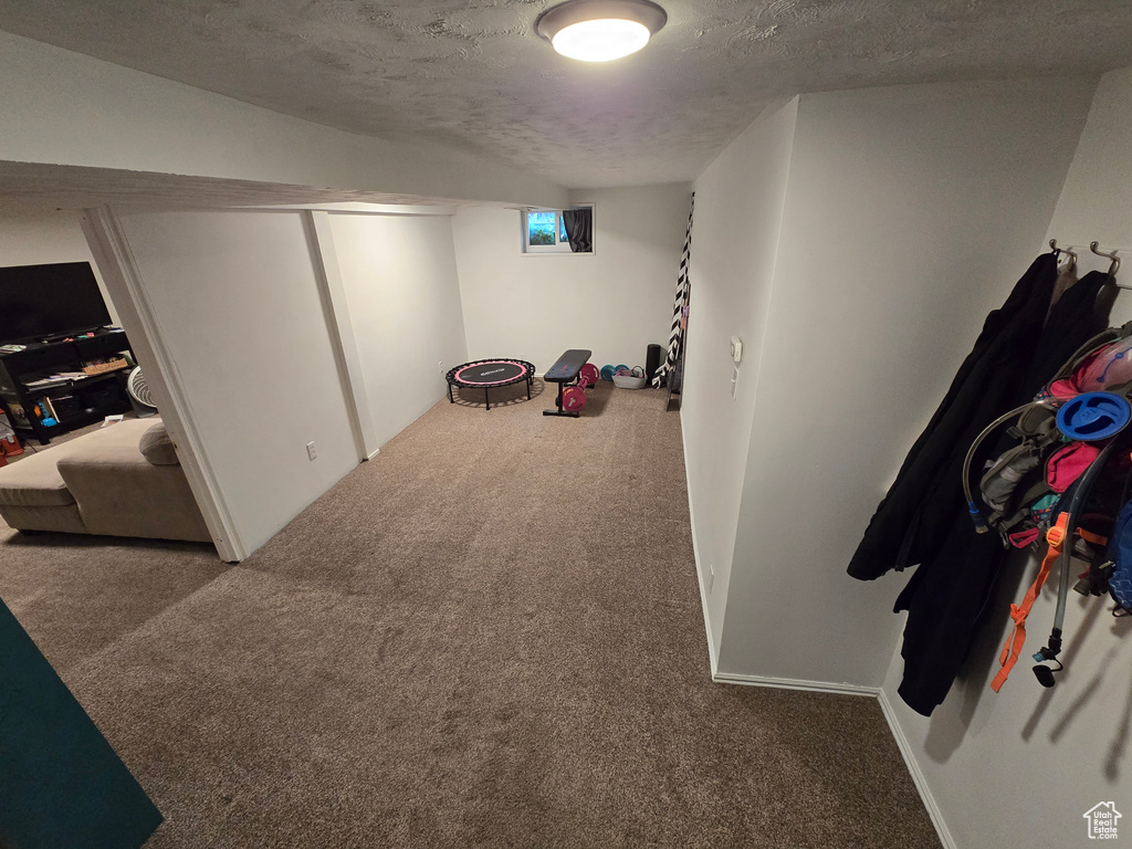Interior space with carpet and a textured ceiling
