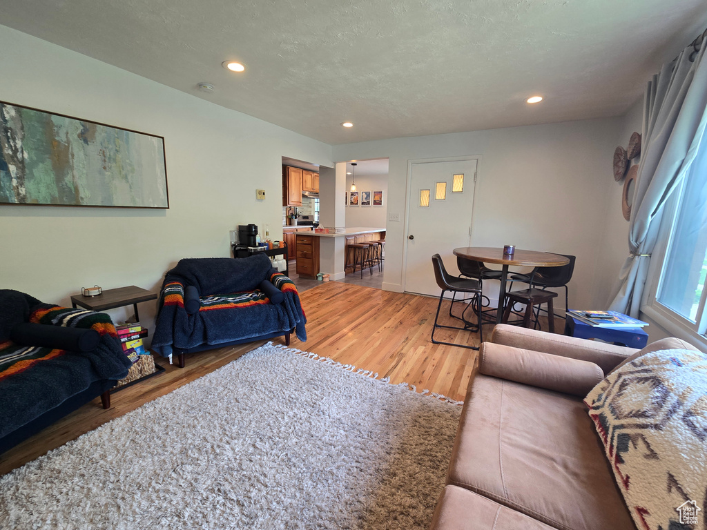 Living room featuring light wood finished floors and recessed lighting