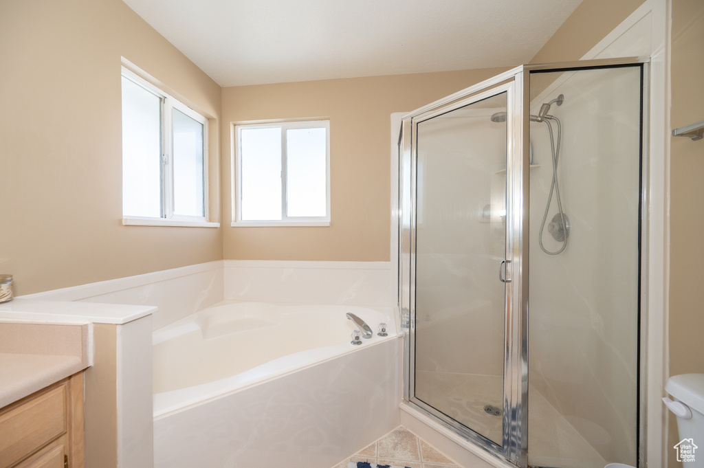 Full bath featuring vanity, a shower stall, and a bath
