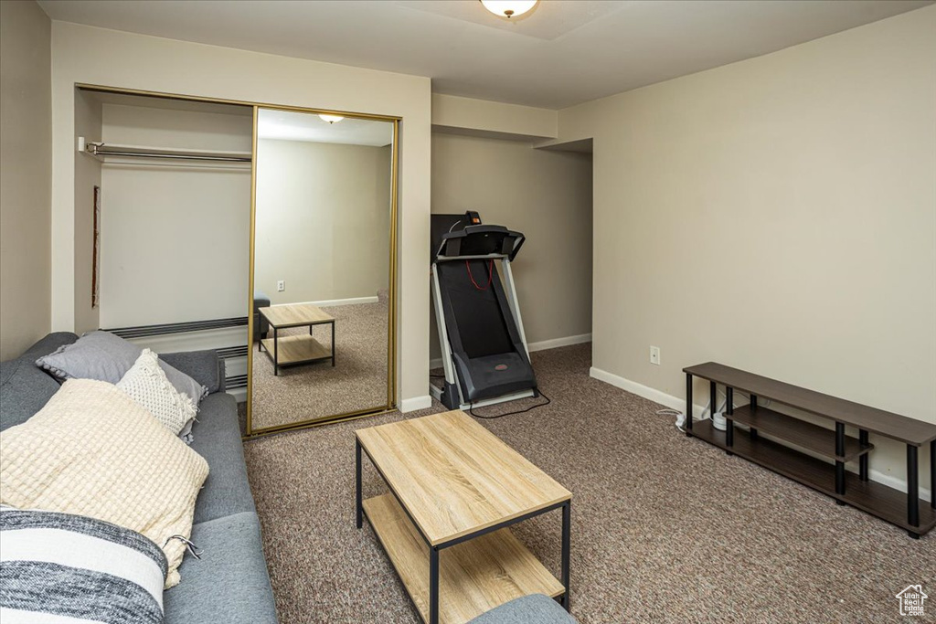 Bedroom with a closet, carpet floors, and baseboards