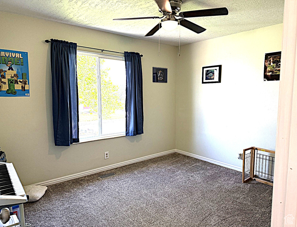 Carpeted spare room featuring a ceiling fan, a textured ceiling, and baseboards