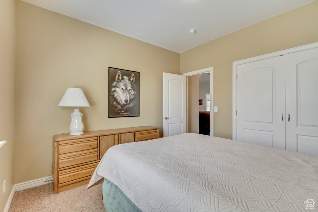 Bedroom featuring carpet, a closet, and baseboards