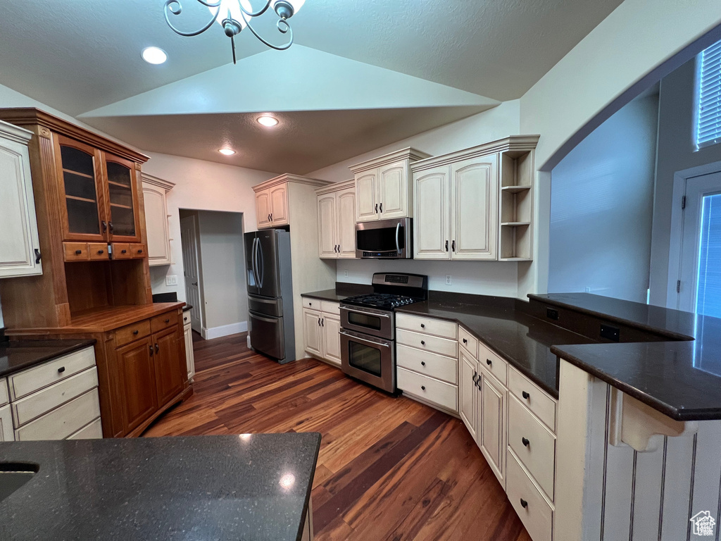 Kitchen with dark wood-style floors, glass insert cabinets, vaulted ceiling, a peninsula, and appliances with stainless steel finishes