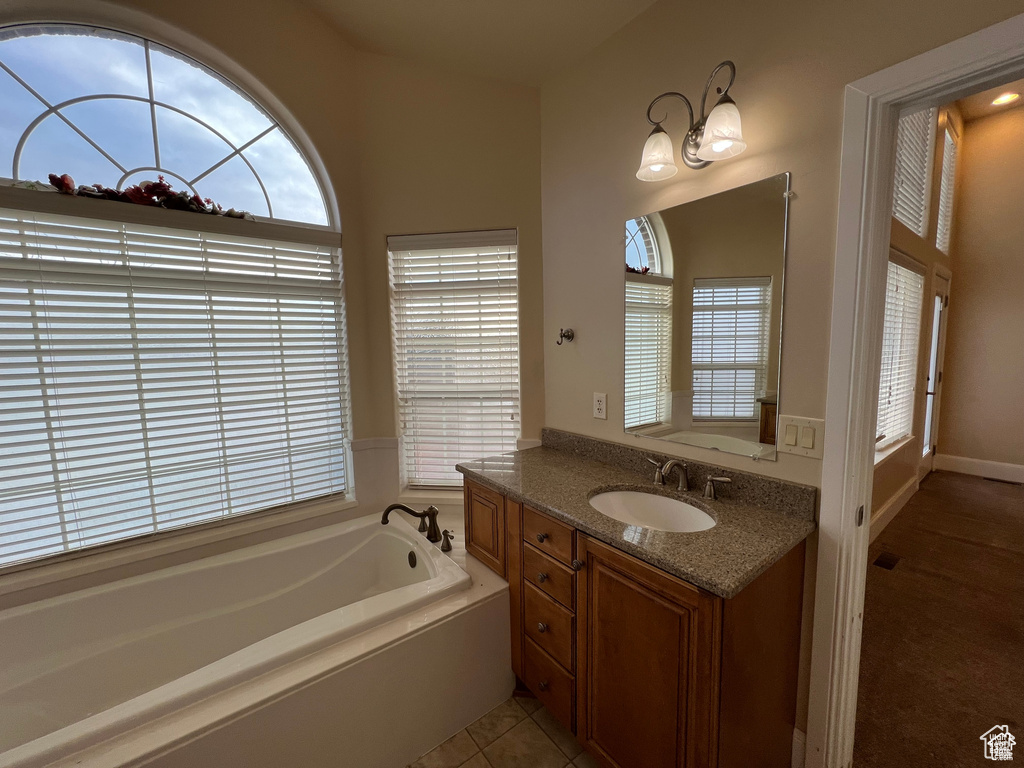 Full bath featuring a healthy amount of sunlight, vanity, and a bath