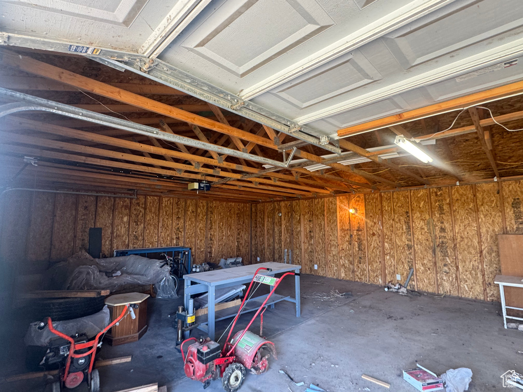 Garage with wood walls