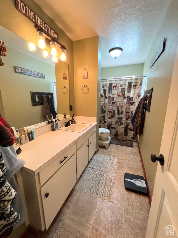 Bathroom with curtained shower, toilet, a textured ceiling, and vanity