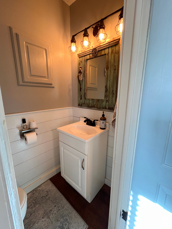 Half bathroom with toilet, wainscoting, wood finished floors, and vanity