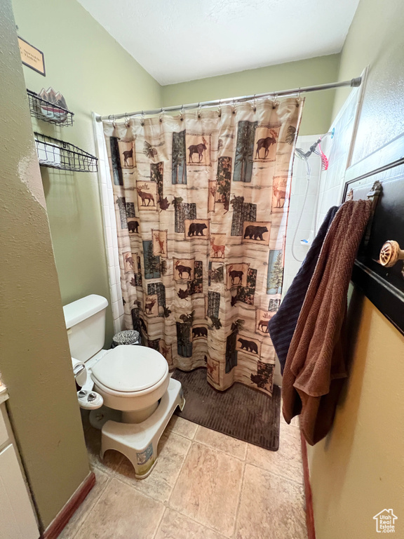 Bathroom featuring toilet and a shower with curtain