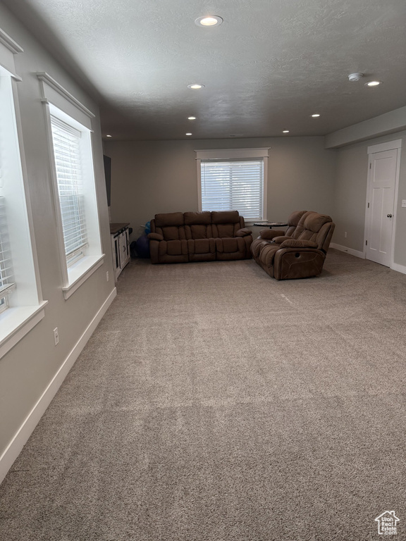 Carpeted living area with baseboards and recessed lighting