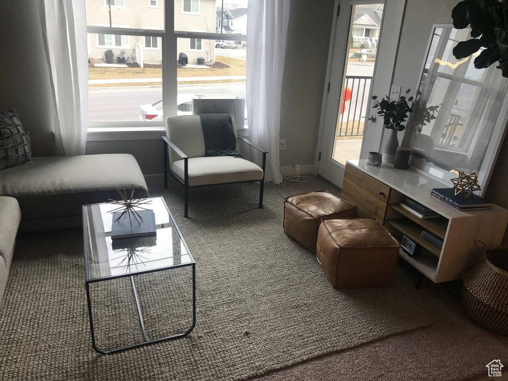 Carpeted living room featuring baseboards