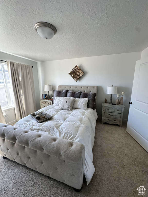 Bedroom featuring a textured ceiling and carpet flooring