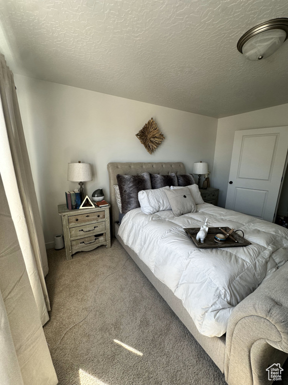 Bedroom with a textured ceiling and carpet flooring
