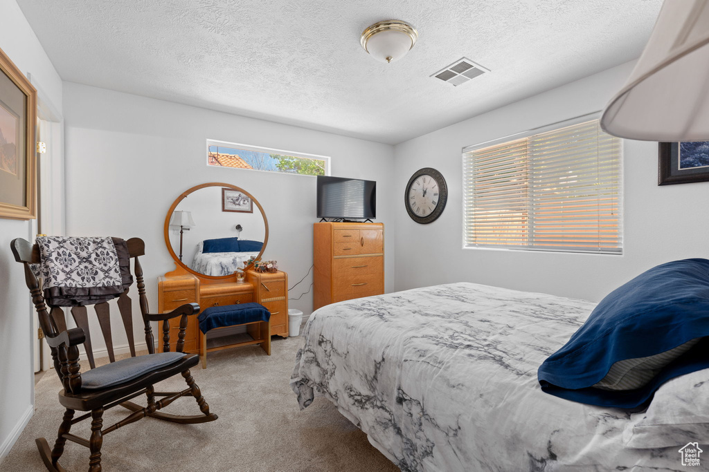 Bedroom featuring a textured ceiling, visible vents, baseboards, and carpet floors