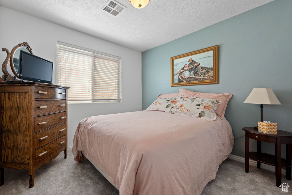 Carpeted bedroom featuring a textured ceiling, visible vents, and baseboards
