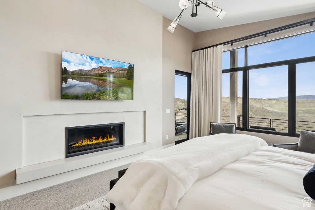 Bedroom with a glass covered fireplace