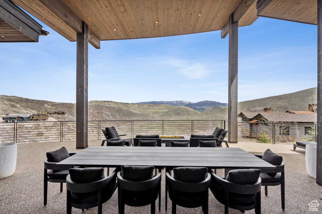 View of patio featuring a mountain view, a fenced backyard, and outdoor dining space