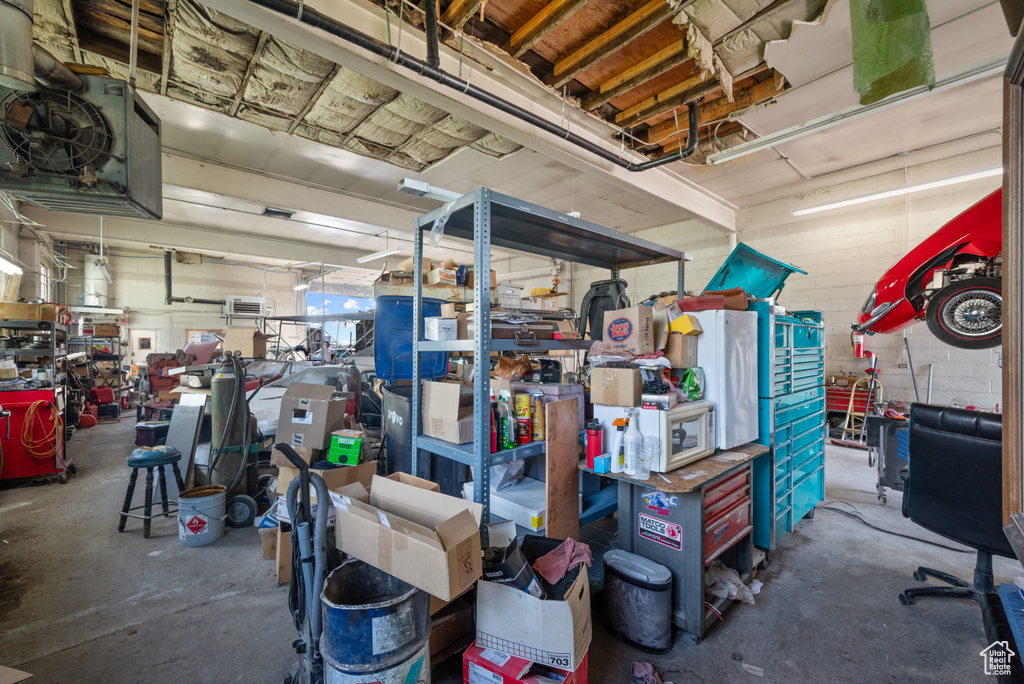 Garage with a workshop area