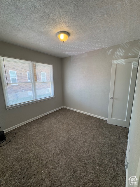 Carpeted spare room featuring baseboards and a textured ceiling