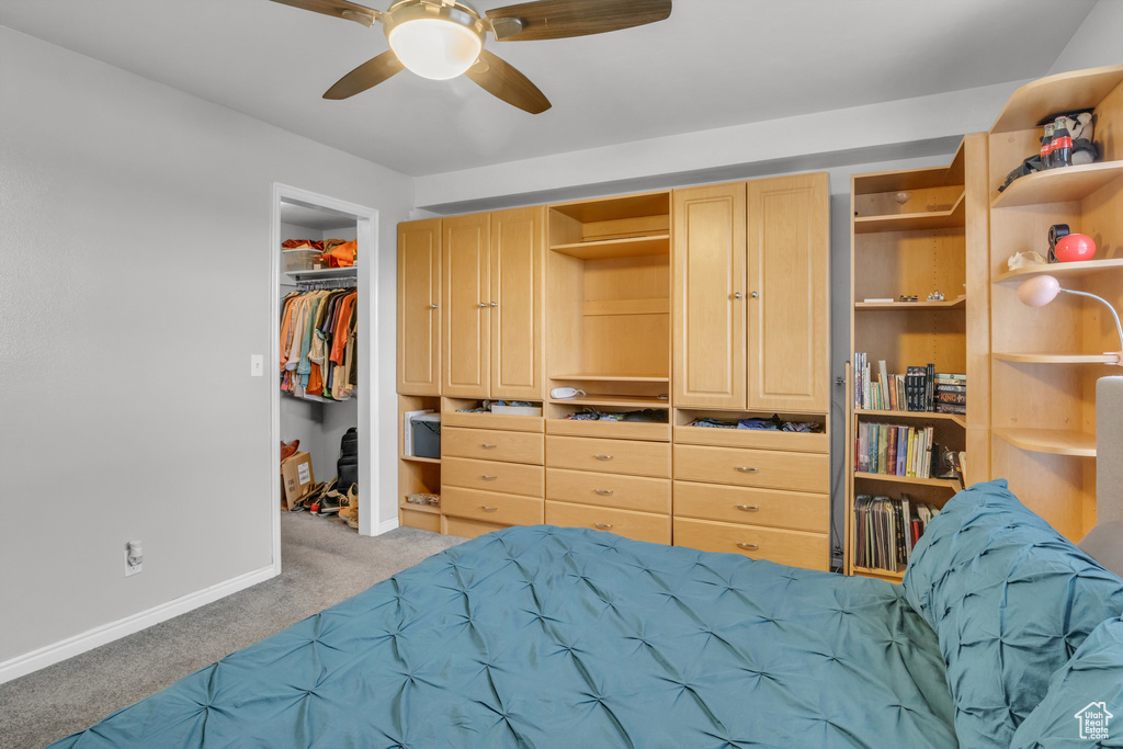 Bedroom featuring carpet flooring, a closet, a ceiling fan, a walk in closet, and baseboards