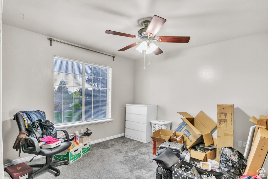 Interior space with a ceiling fan, carpet flooring, and baseboards