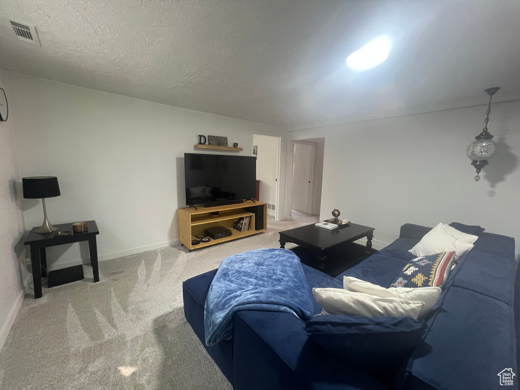 Carpeted living room with a textured ceiling, visible vents, and baseboards