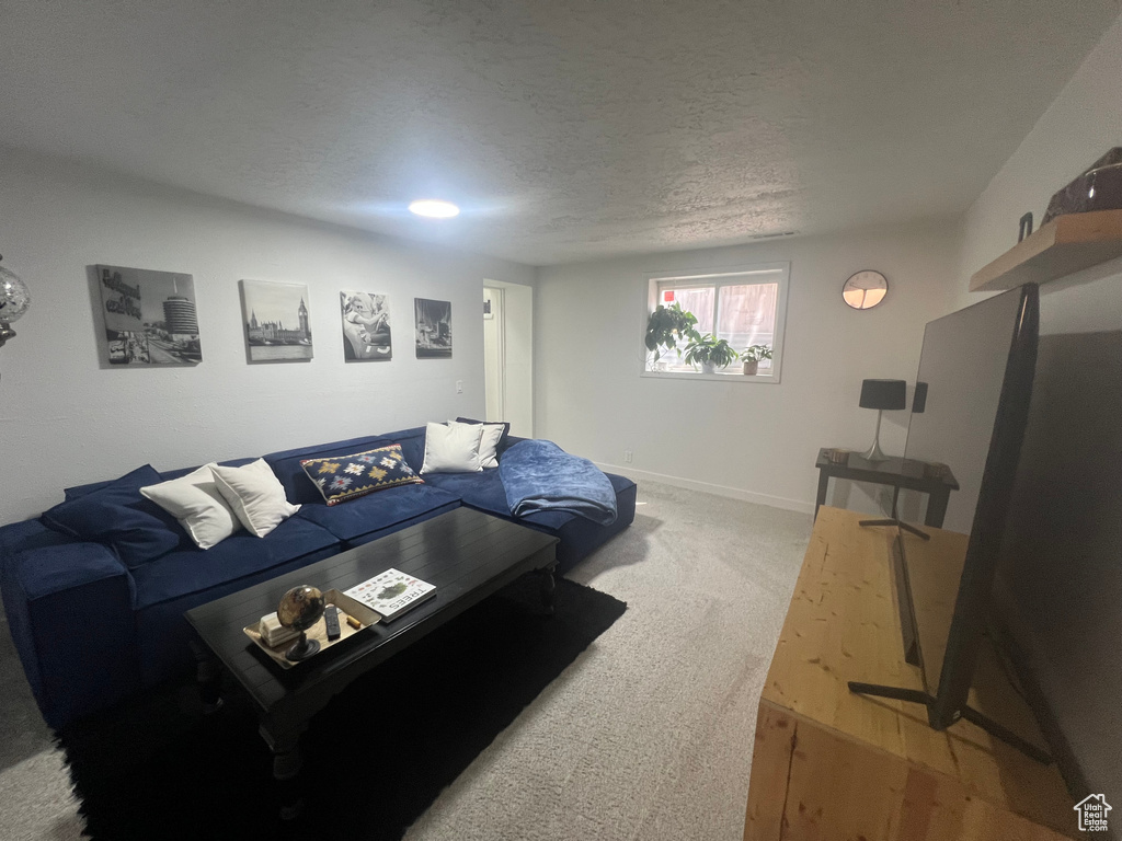 Carpeted living area with a textured ceiling and baseboards