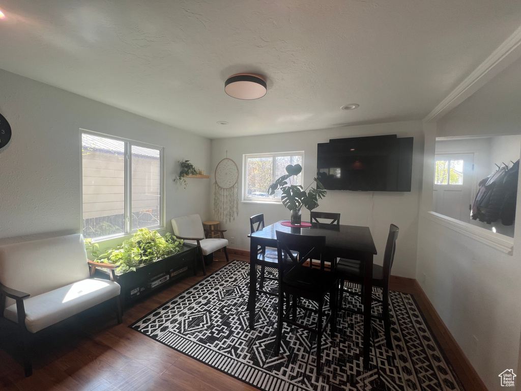 Dining area with wood finished floors, a healthy amount of sunlight, and baseboards