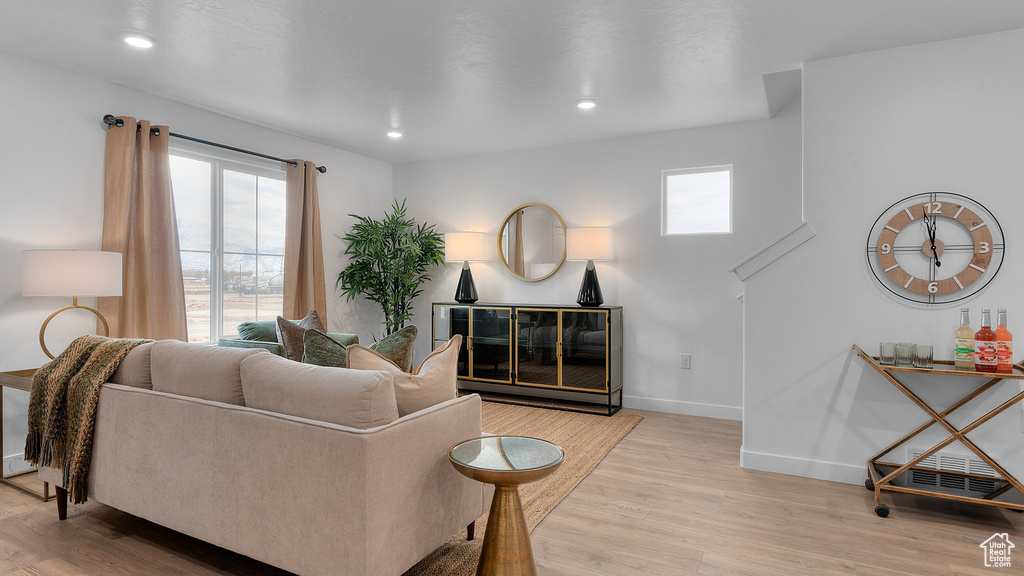 Living room featuring light wood-type flooring, a wealth of natural light, and baseboards