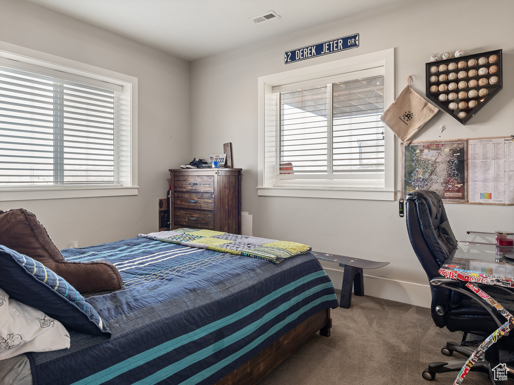 Carpeted bedroom with visible vents