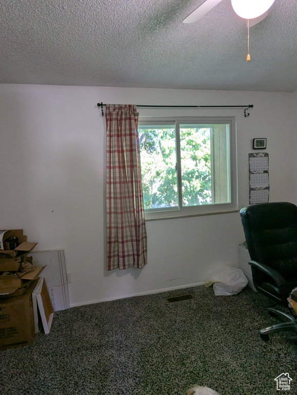 Carpeted home office featuring a textured ceiling and a ceiling fan
