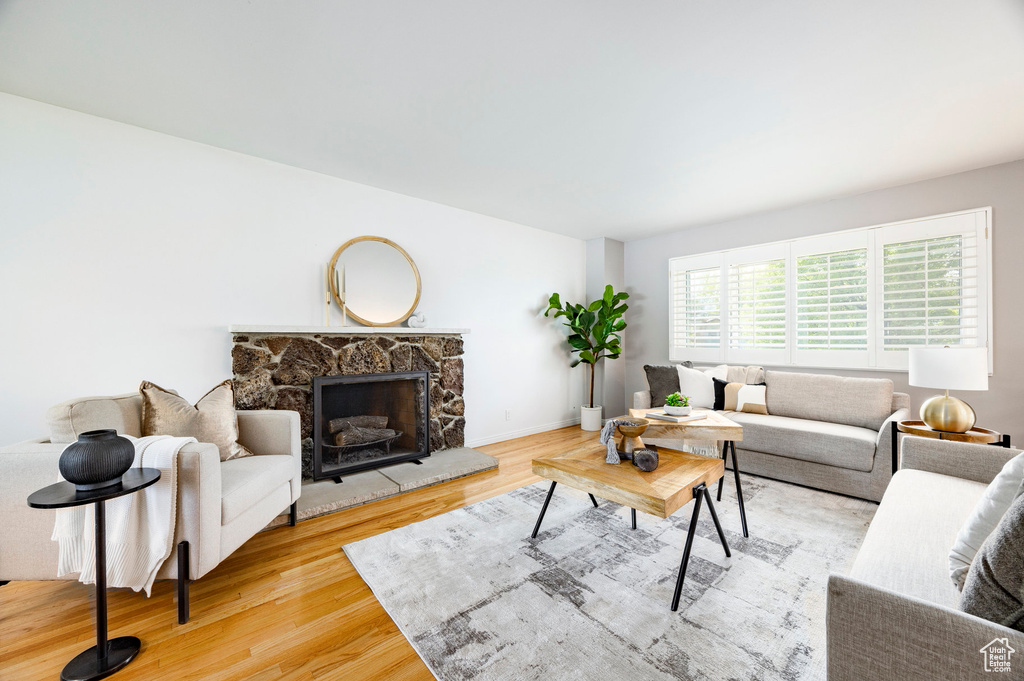 Living room featuring wood finished floors and a stone fireplace