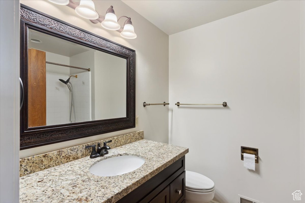 Full bathroom featuring vanity, walk in shower, and toilet