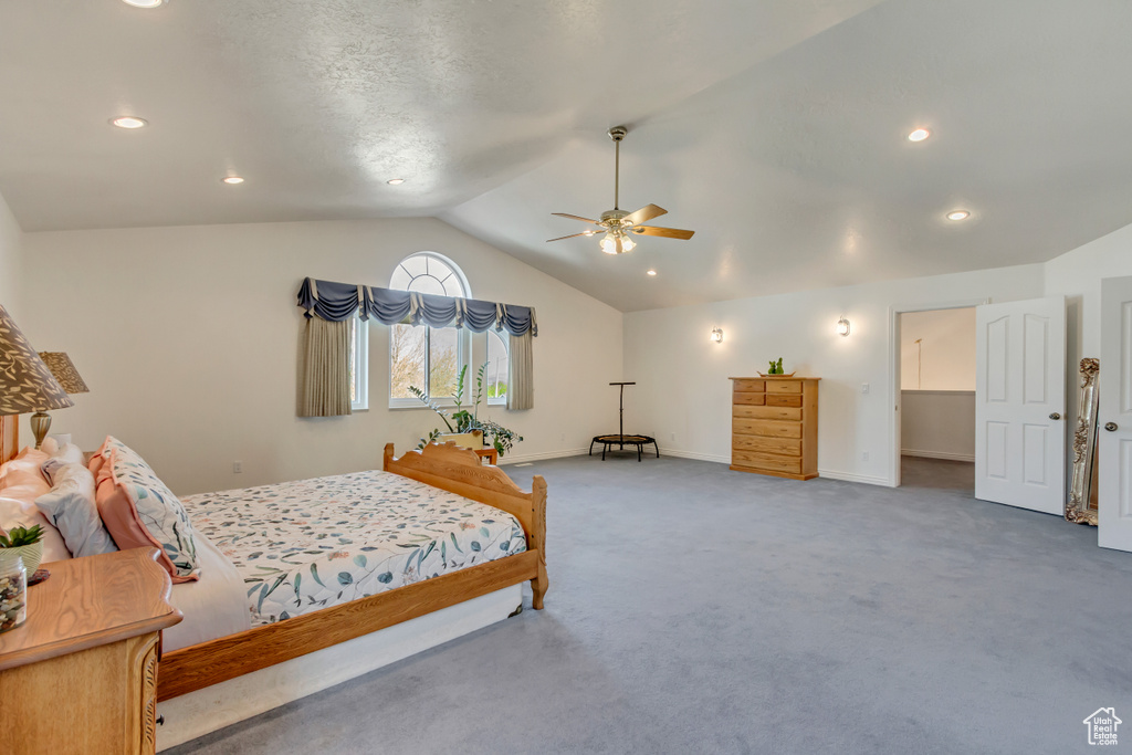 Bedroom with recessed lighting, a ceiling fan, carpet, baseboards, and lofted ceiling
