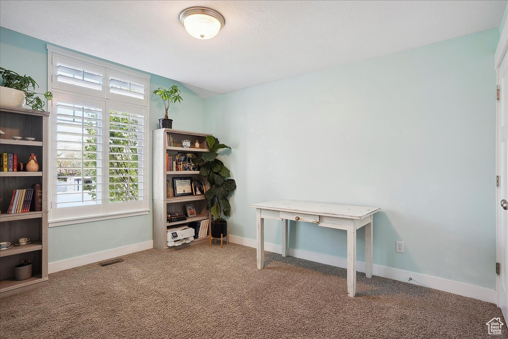 Carpeted office with visible vents and baseboards