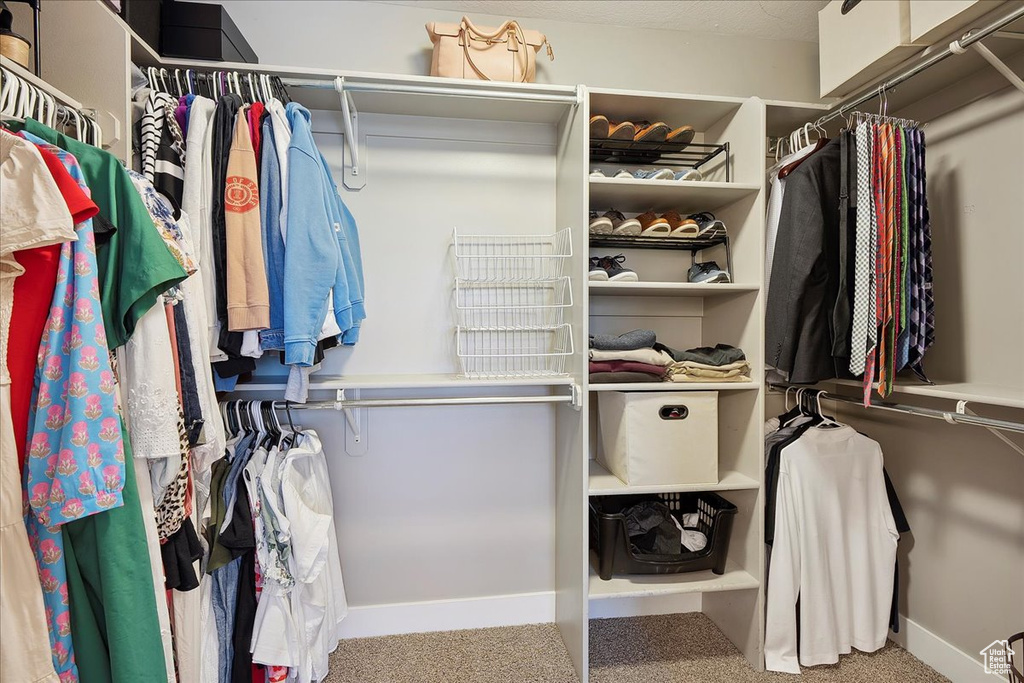 Walk in closet with carpet floors