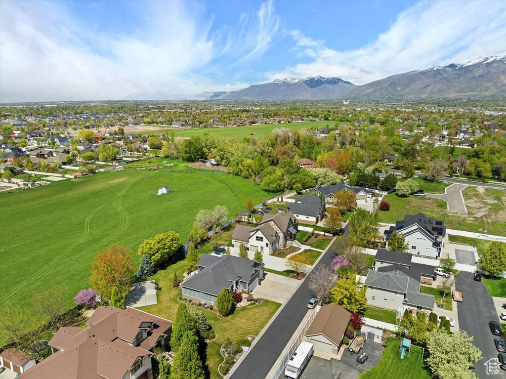 Birds eye view of property with a mountain view and a residential view