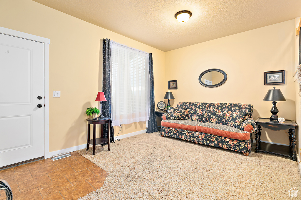 Carpeted living room featuring a textured ceiling, visible vents, and baseboards