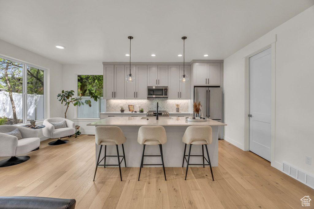 Kitchen with appliances with stainless steel finishes, light countertops, a kitchen breakfast bar, an island with sink, and decorative backsplash