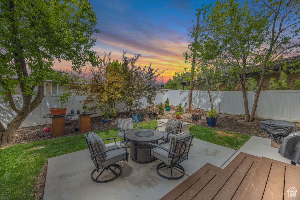 View of patio / terrace featuring a fenced backyard and outdoor dining area
