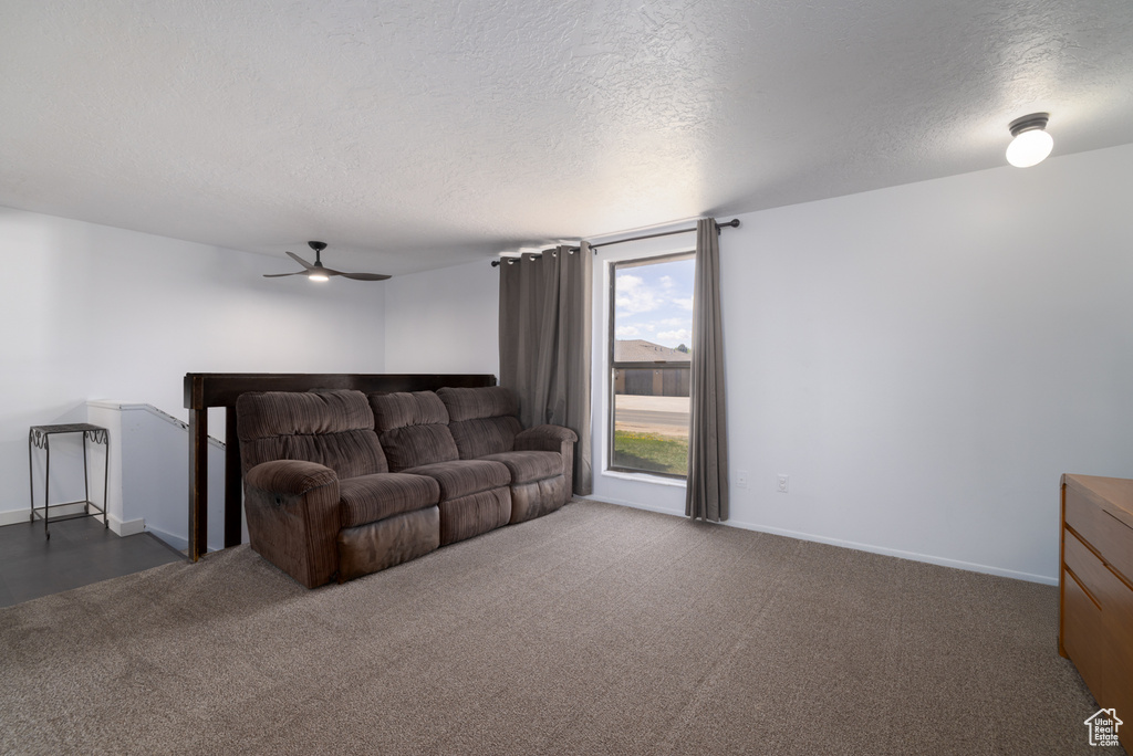 Living area featuring baseboards, a ceiling fan, dark colored carpet, and a textured ceiling